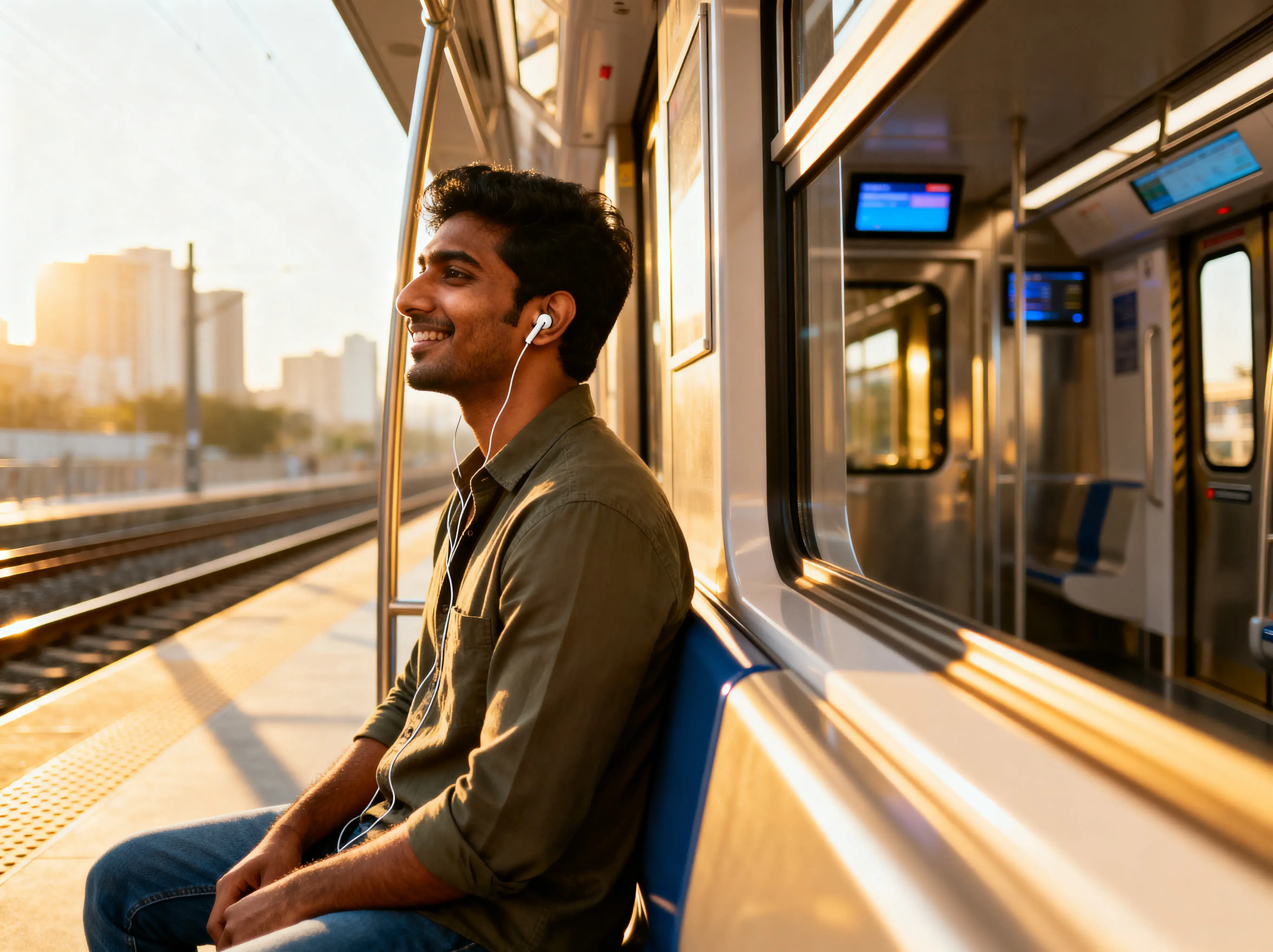 Commuter listening to MP3 music with earbuds on train