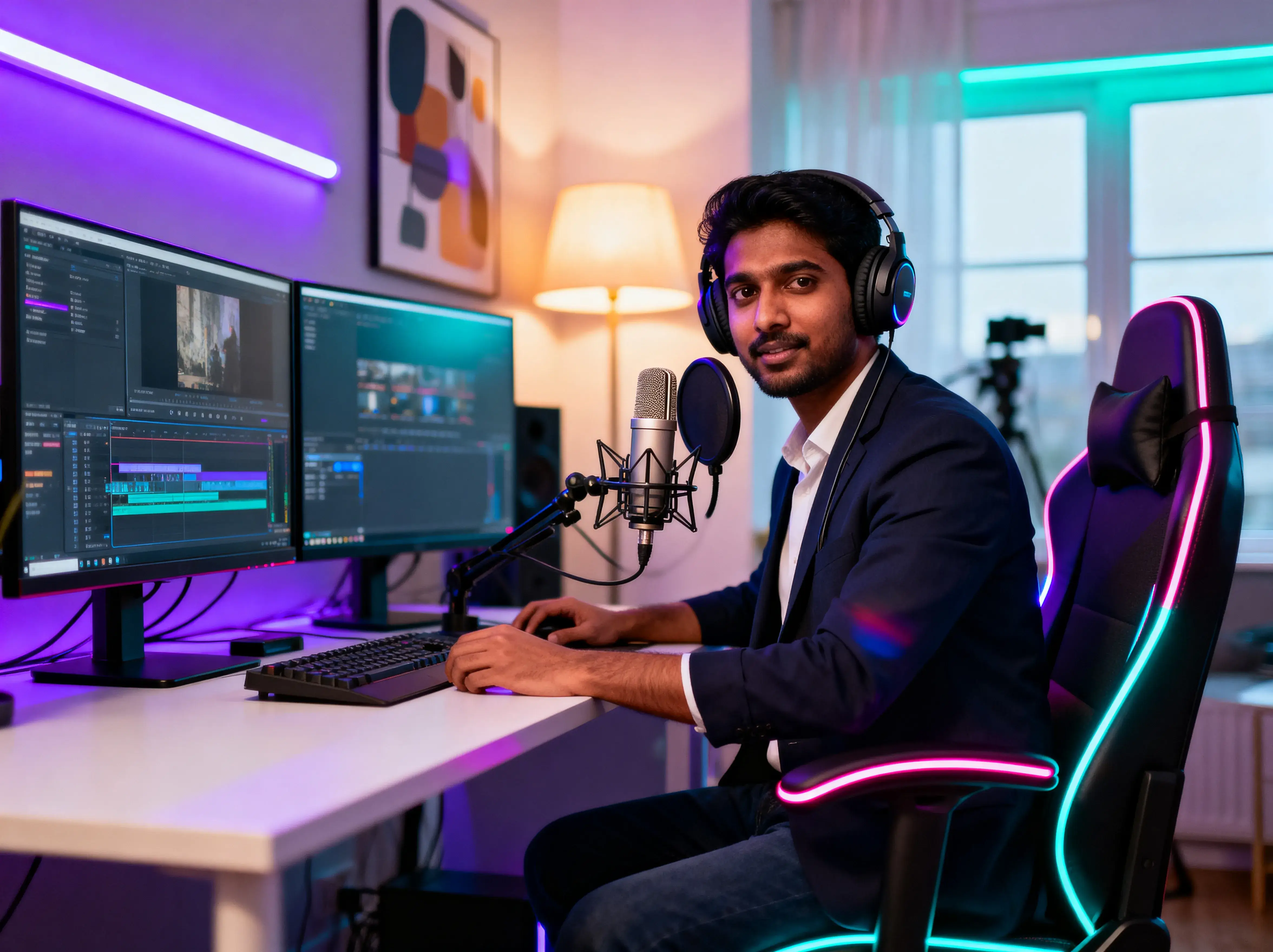 Content creator with headphones at professional workstation